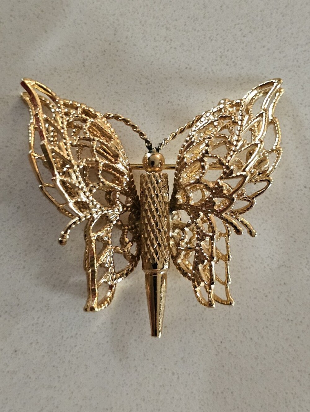 Vintage Signed Monet Gold Tone Layered Filigree Wing Butterfly Brooch Pin